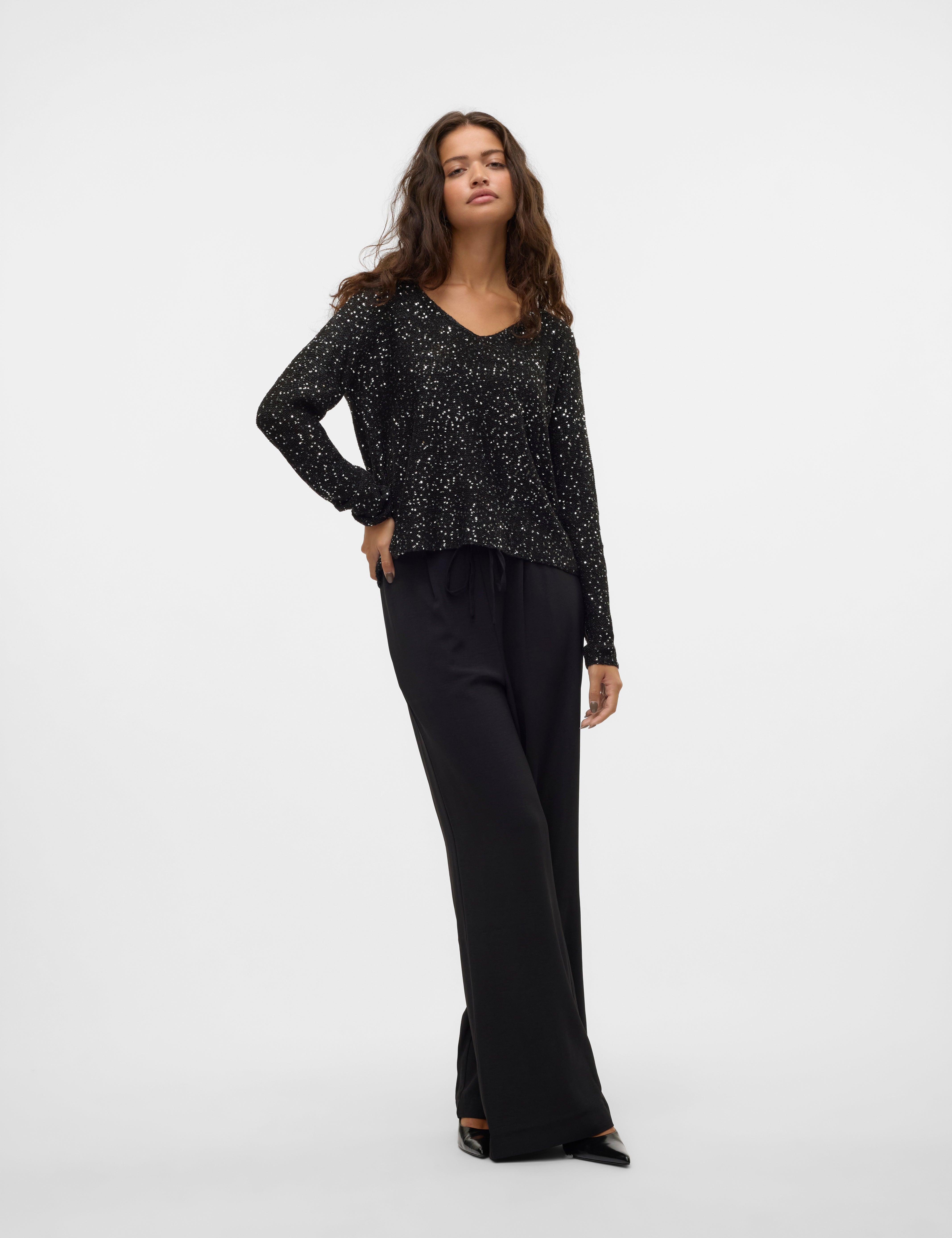 VERO MODA VMLEILANI new v-neck pullover - pumice stone w. silver sequins