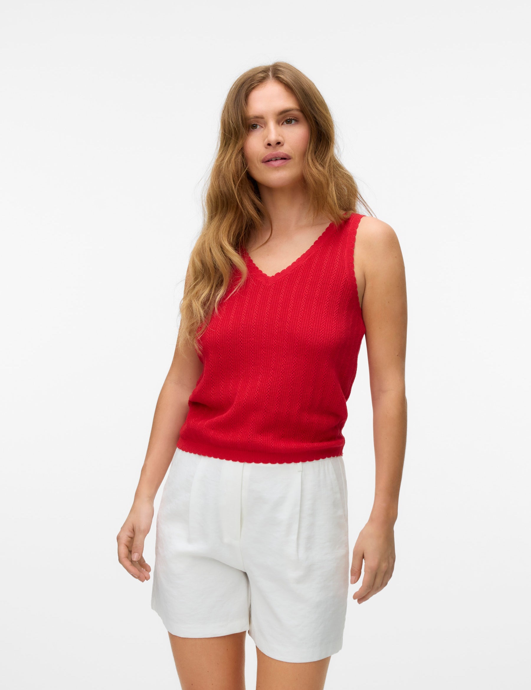 VERO MODA VMLUXLIGHT pointelle v-neck top in fiery red - Image 1