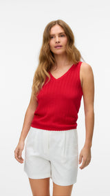 VERO MODA VMLUXLIGHT pointelle v-neck top in fiery red - Image 1
