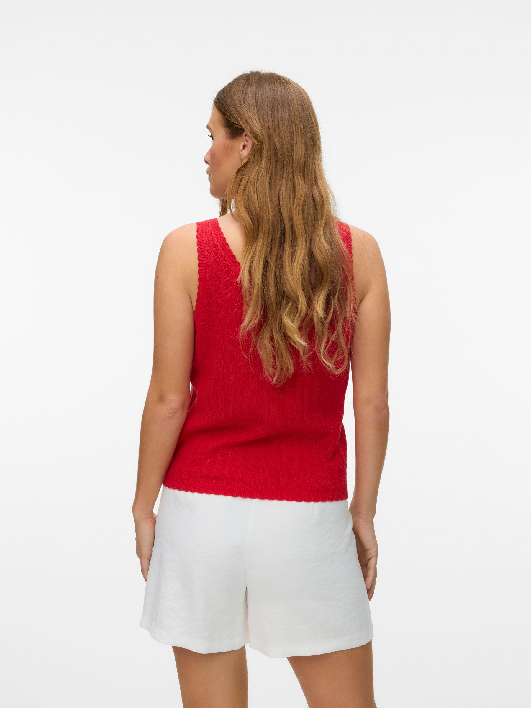 VERO MODA VMLUXLIGHT pointelle v-neck top in fiery red - Image 2