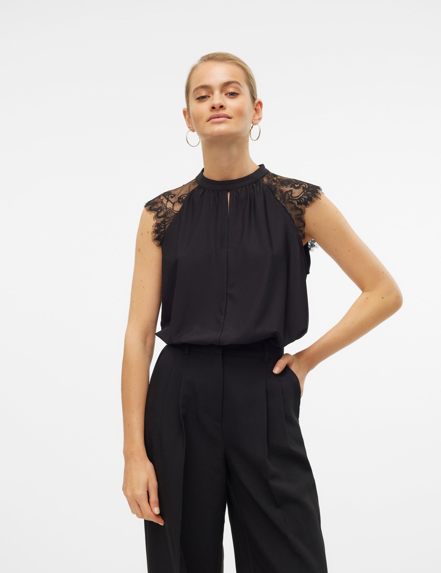VERO MODA VMMILLA lace tee in pumice stone - Image 1