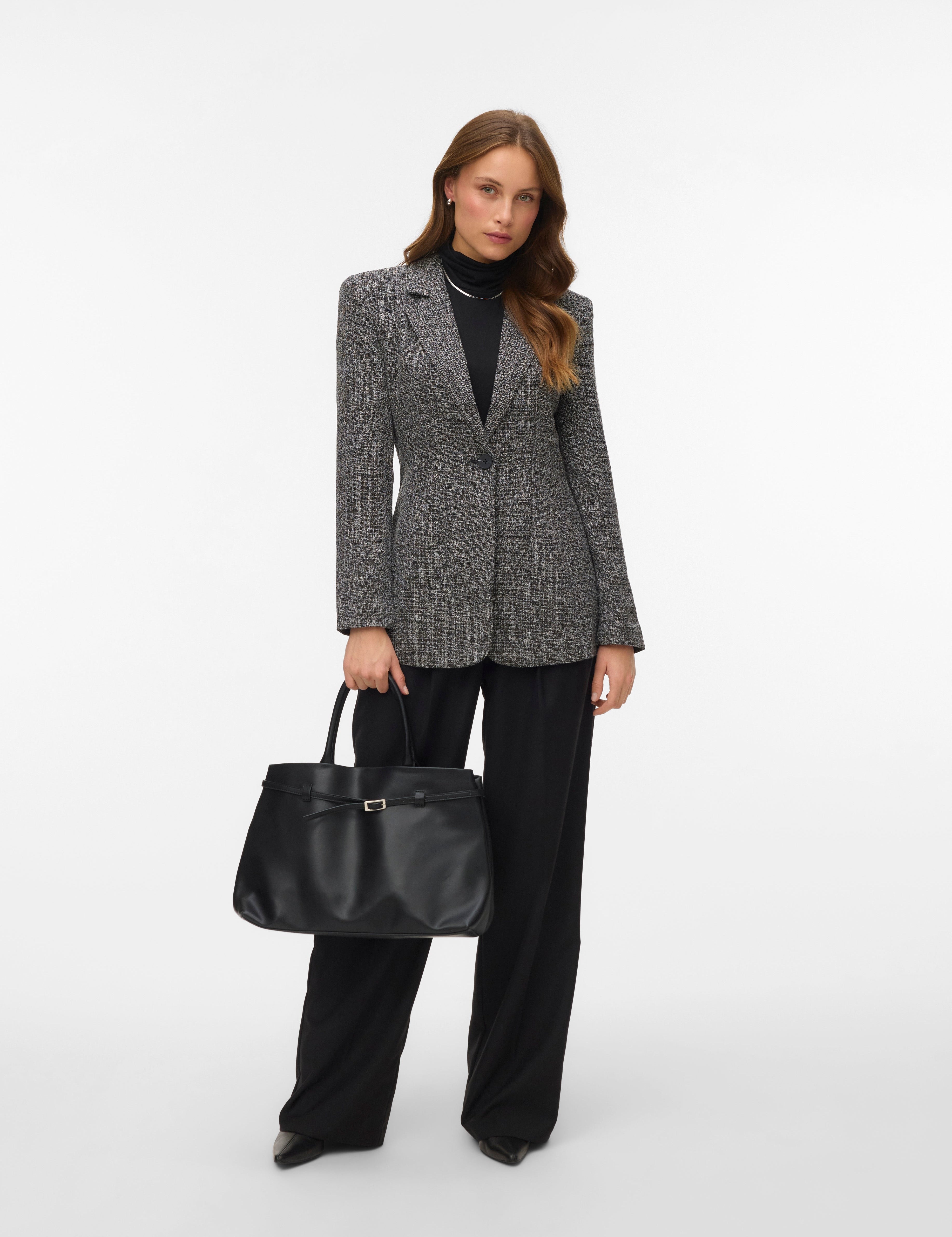 VERO MODA VMPERLE fitted bow blazer in black salt and pepper - Image 1