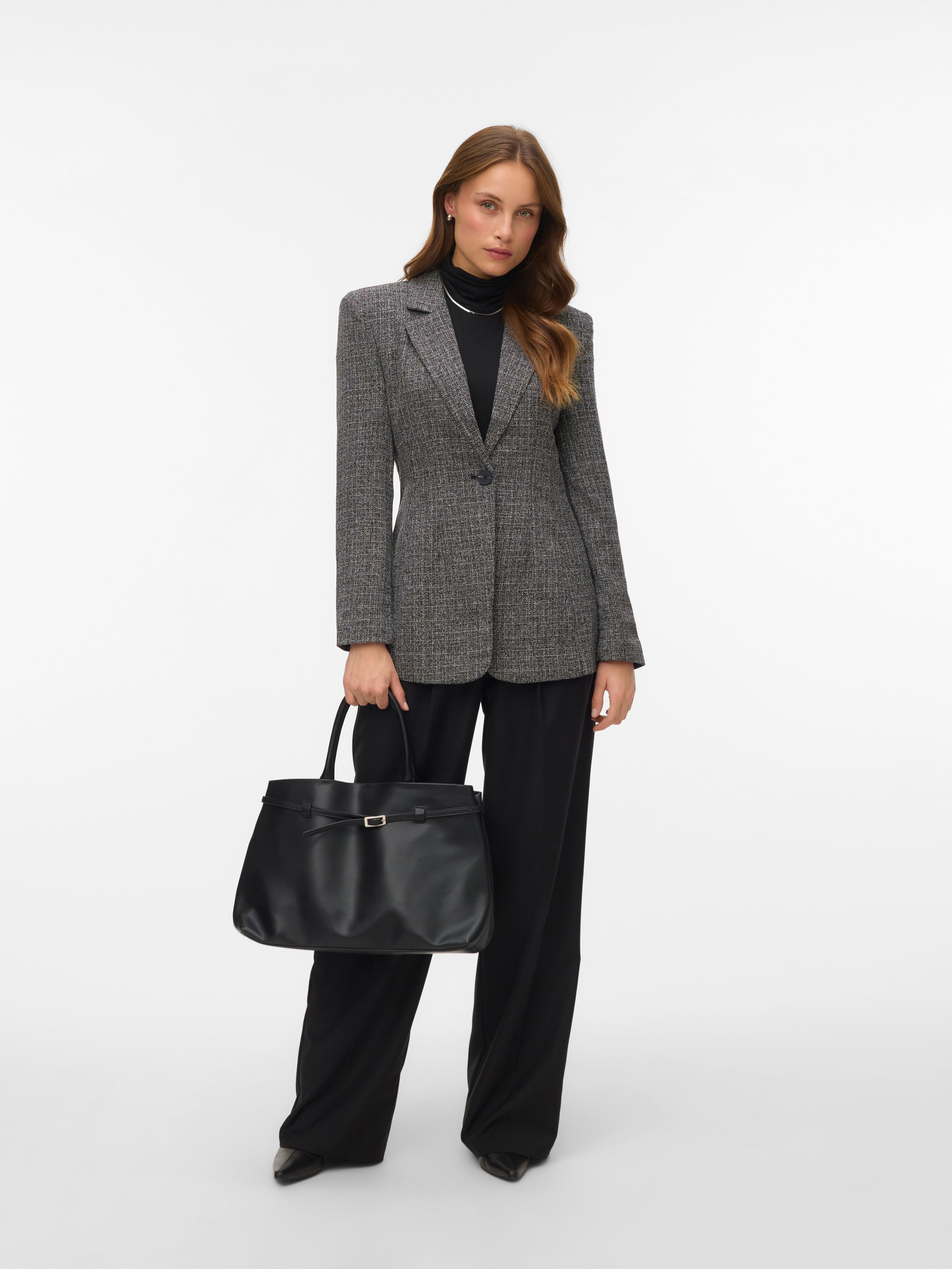 VERO MODA VMPERLE fitted bow blazer in black salt and pepper - Image 1