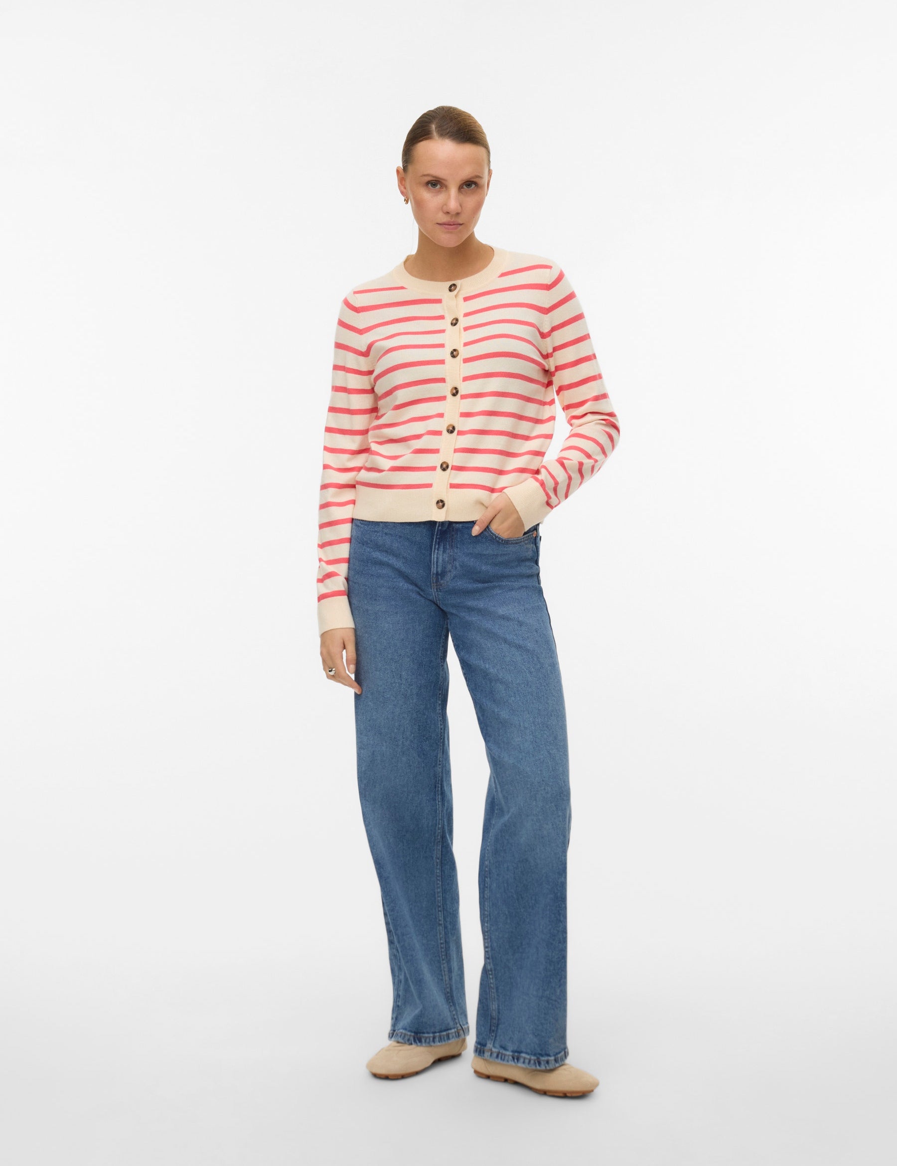 VERO MODA VMSABA plain o-neck cardigan in birch w. black - Image 1