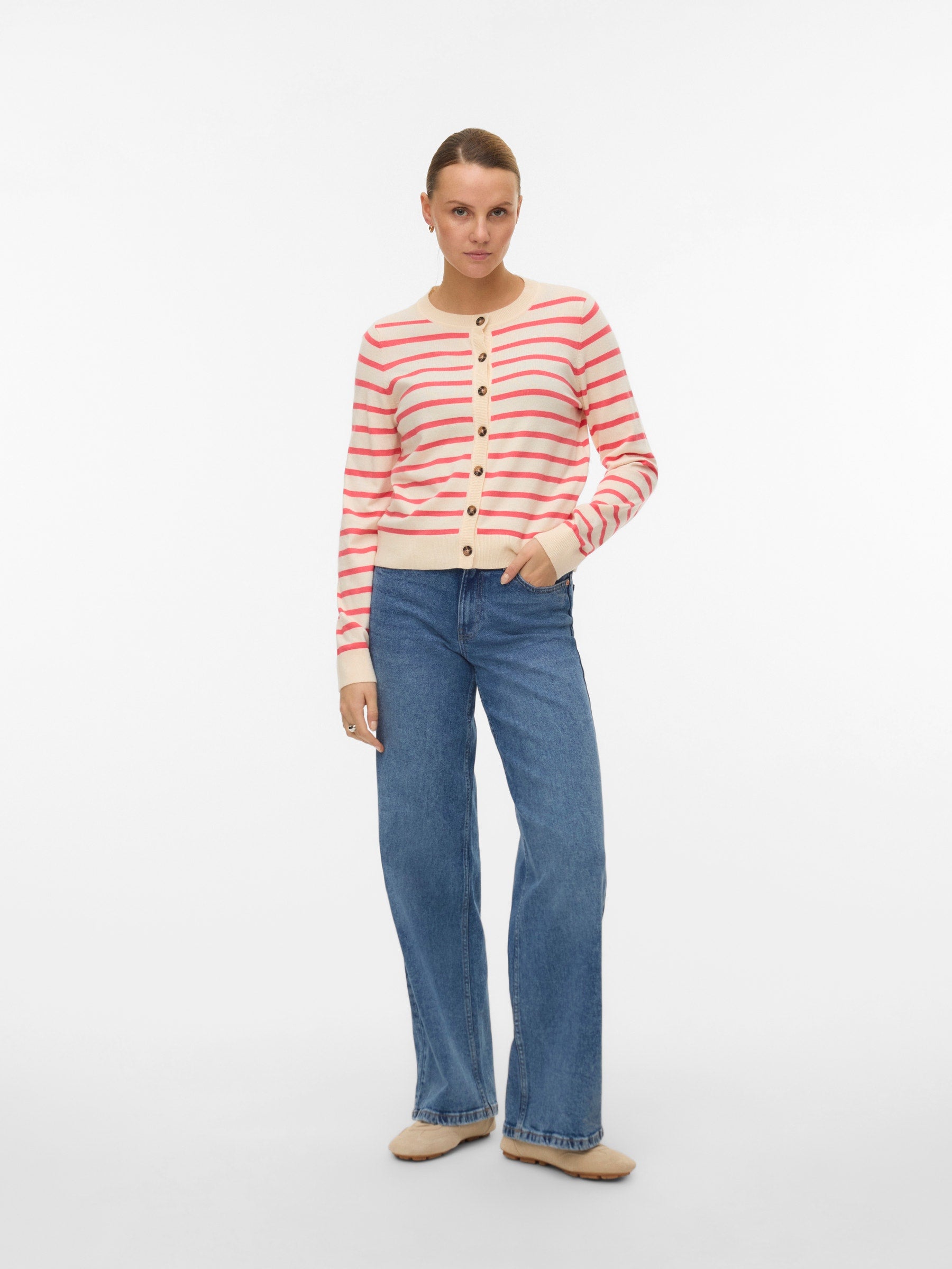 VERO MODA VMSABA plain o-neck cardigan in birch w. black - Image 1