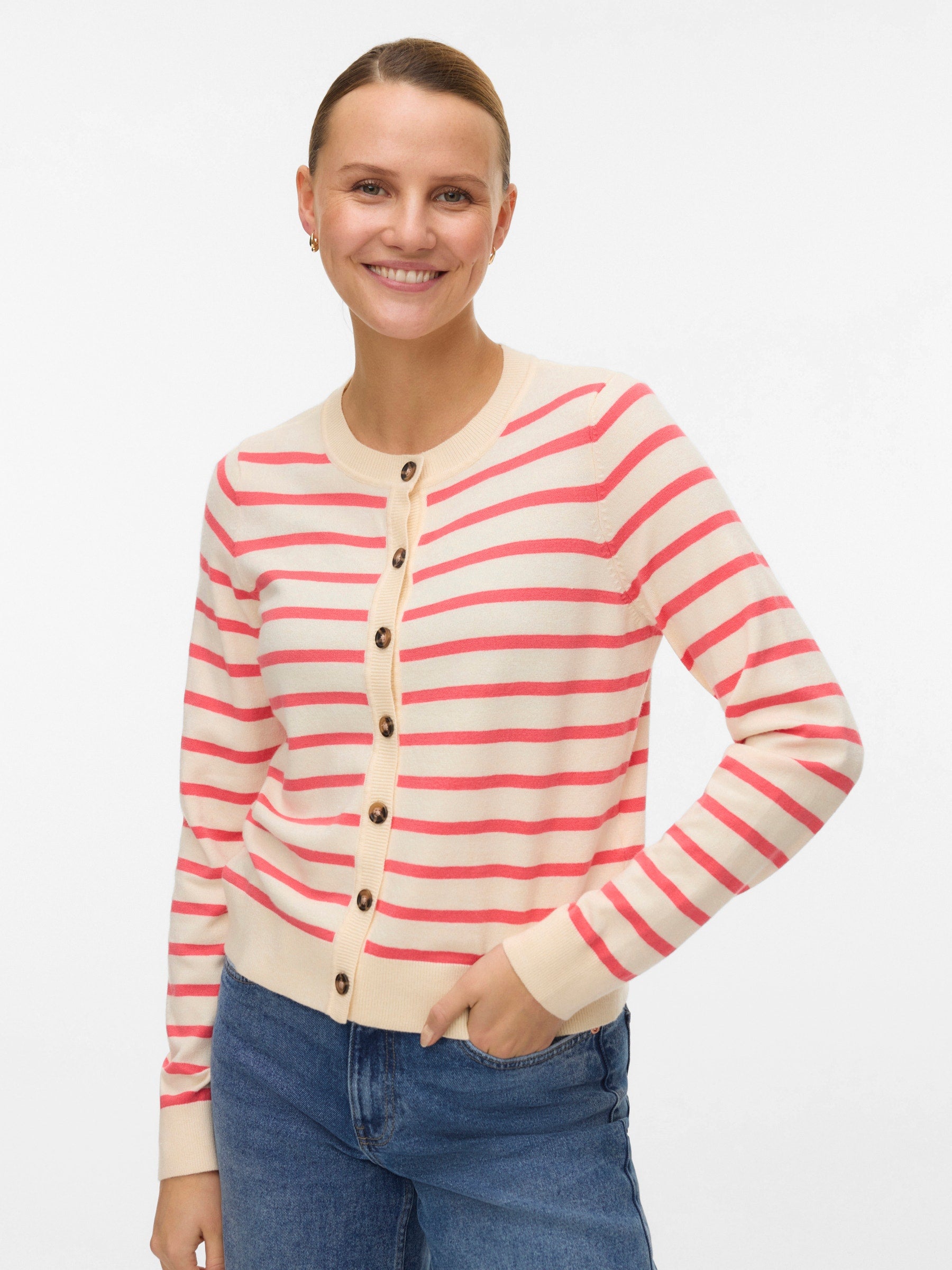 VERO MODA VMSABA plain o-neck cardigan in birch w. black - Image 4