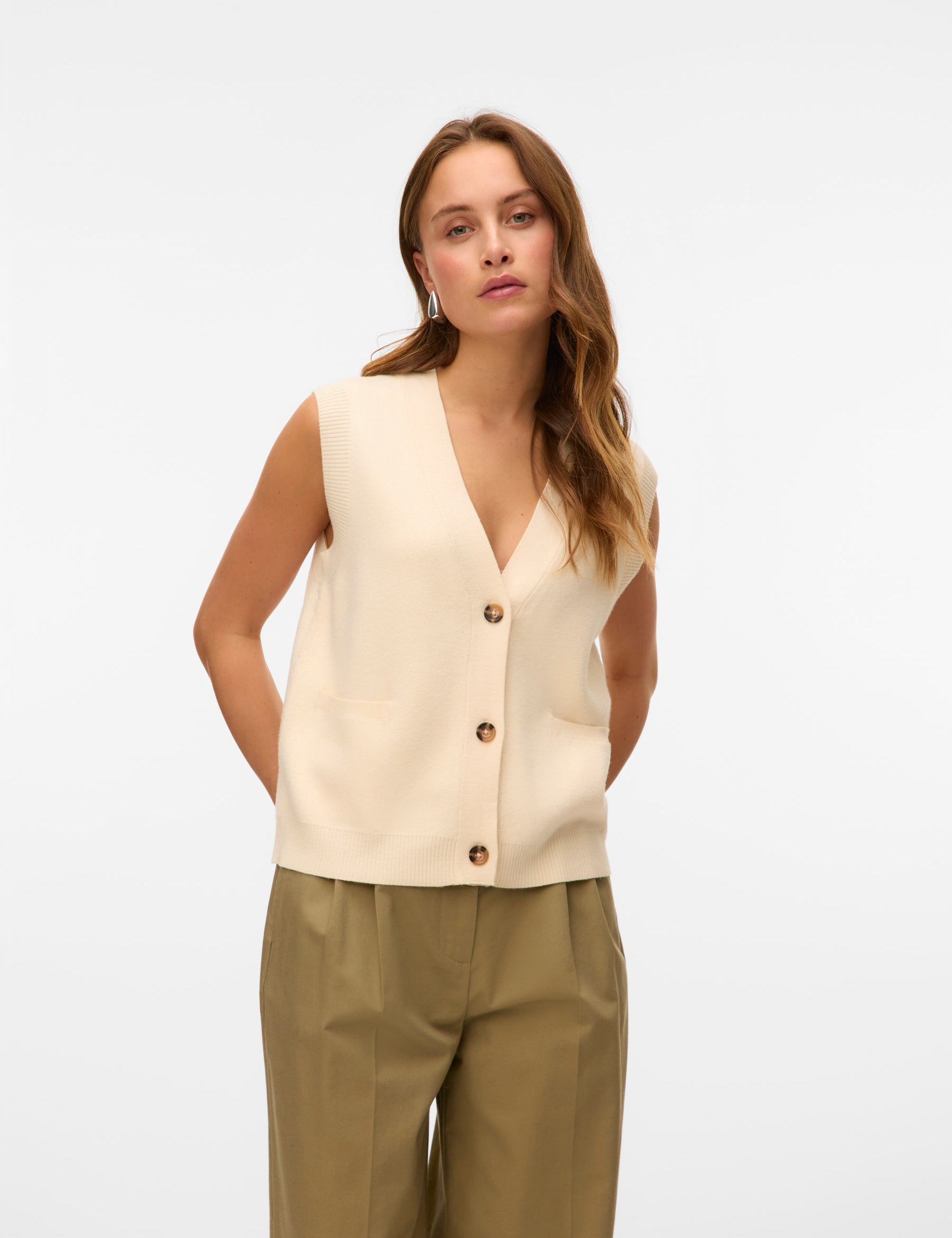 VERO MODA VMSABA v-neck button vest in birch - Image 1