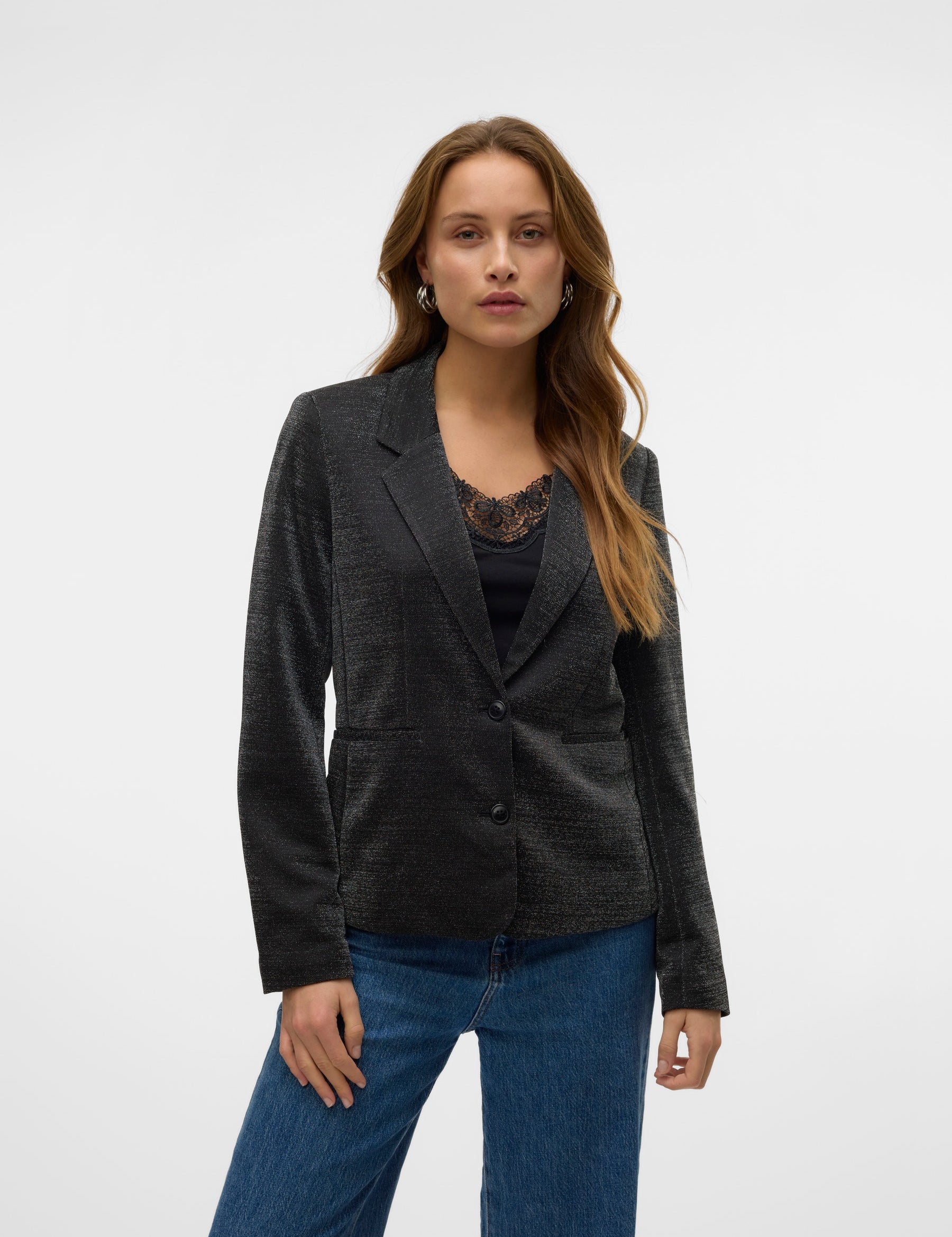 VERO MODA VMSHALI fitted shiny blazer in black - Image 1