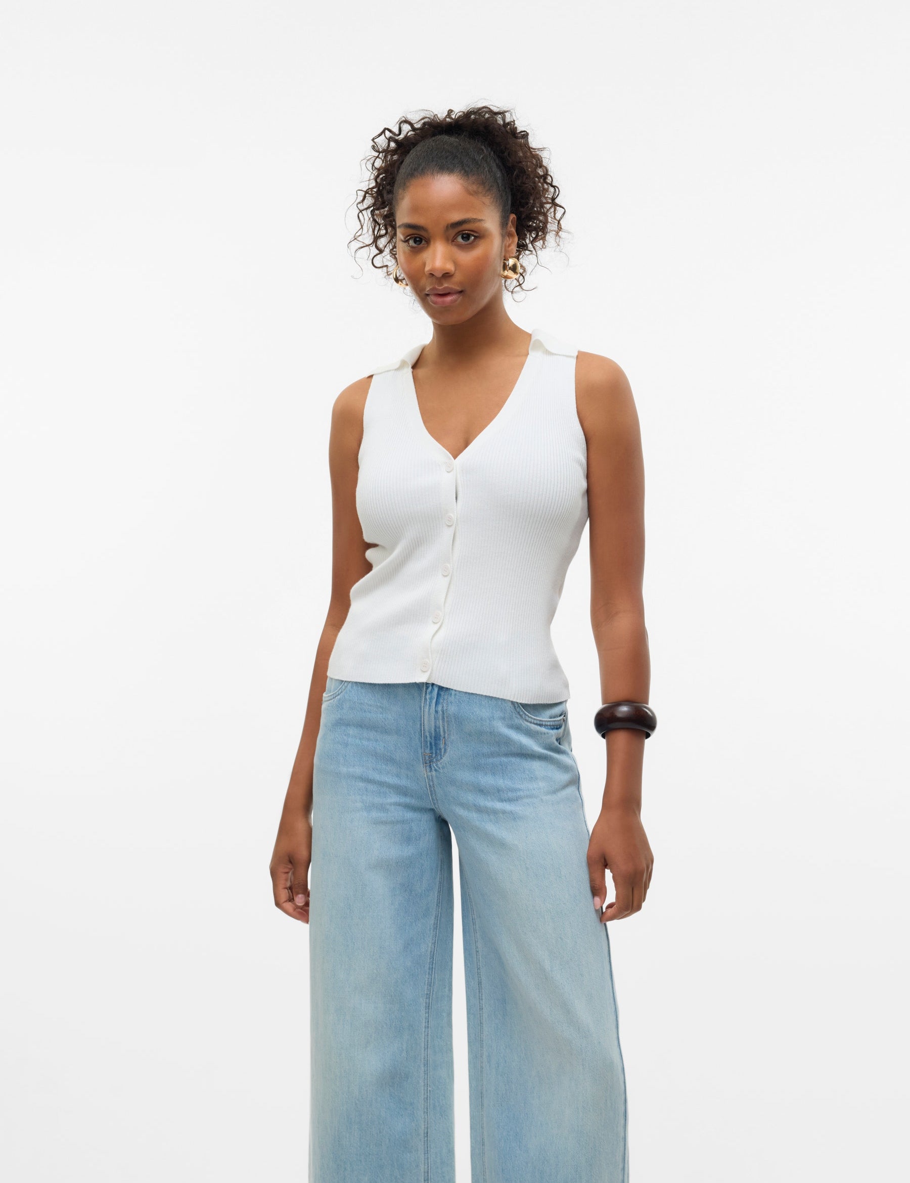 VERO MODA VMWILLOW v-neck polo top in snow white - Image 1