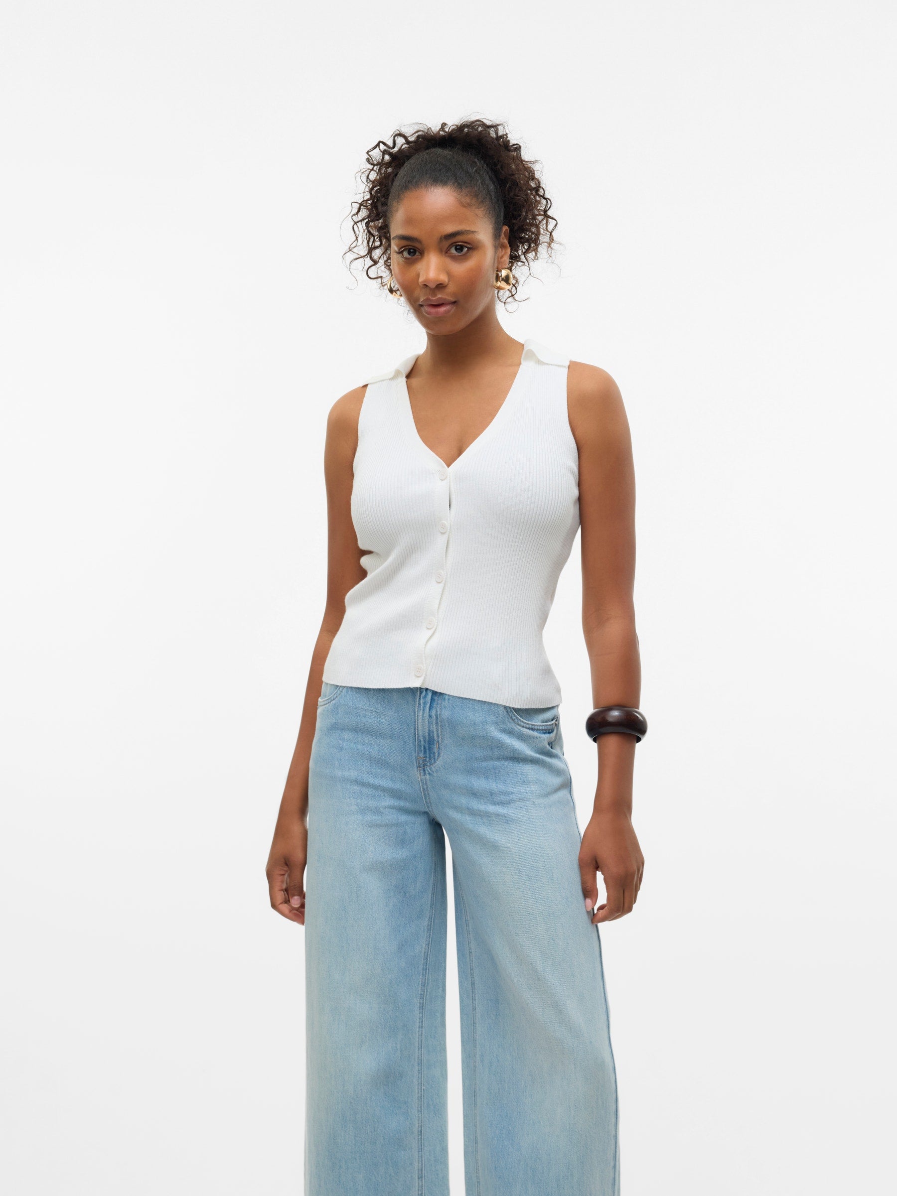 VERO MODA VMWILLOW v-neck polo top in snow white - Image 1