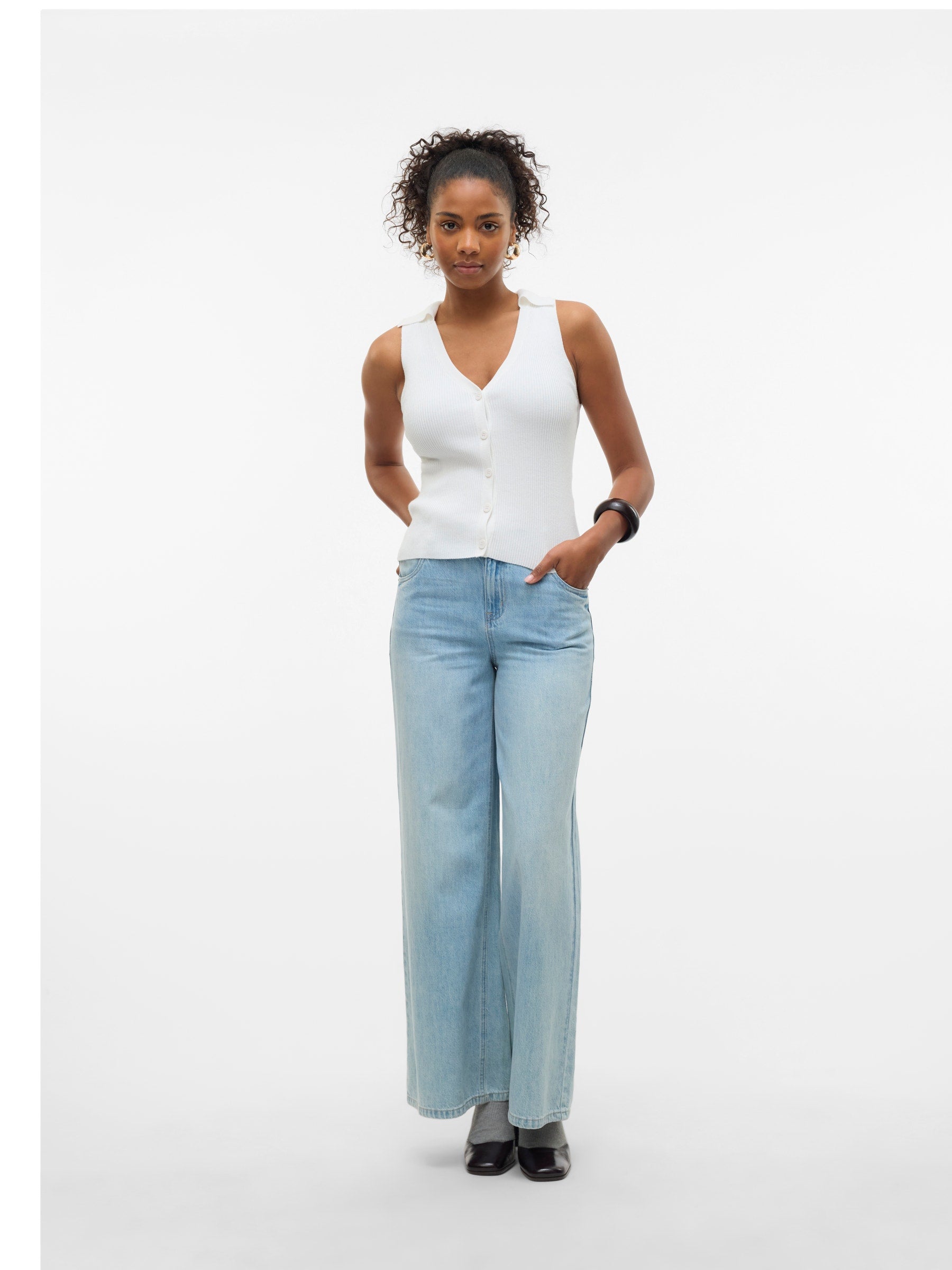 VERO MODA VMWILLOW v-neck polo top in snow white - Image 4